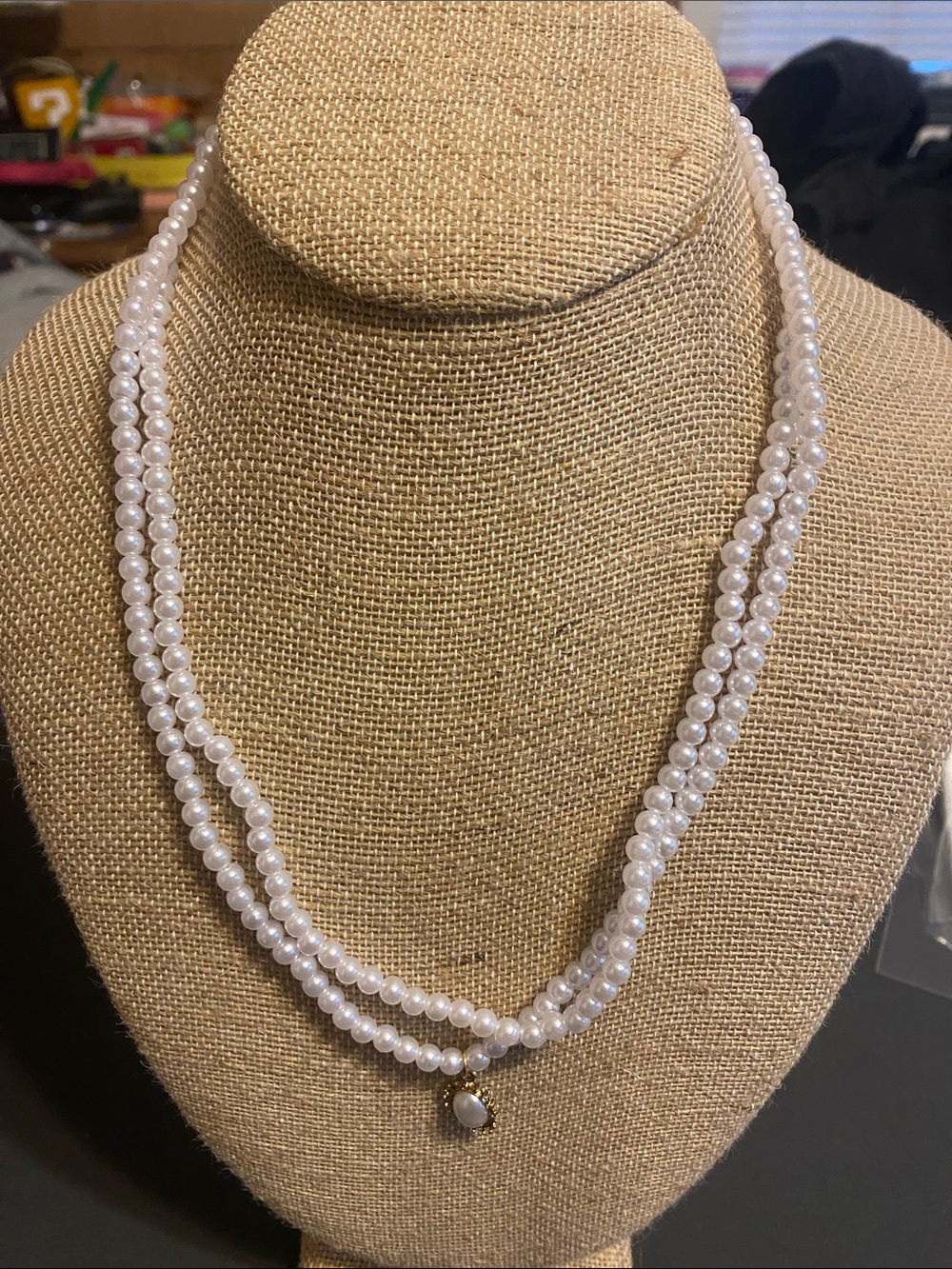 Classic White Pearl Double-Strand Necklace with Pendant